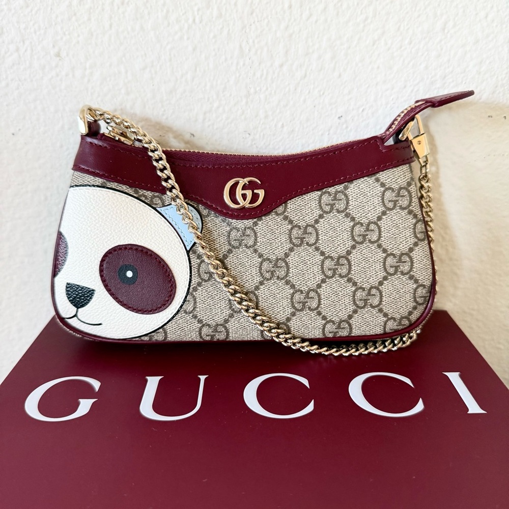 New Gucci GG Supreme Icon Panda Mini Bag with gold chain